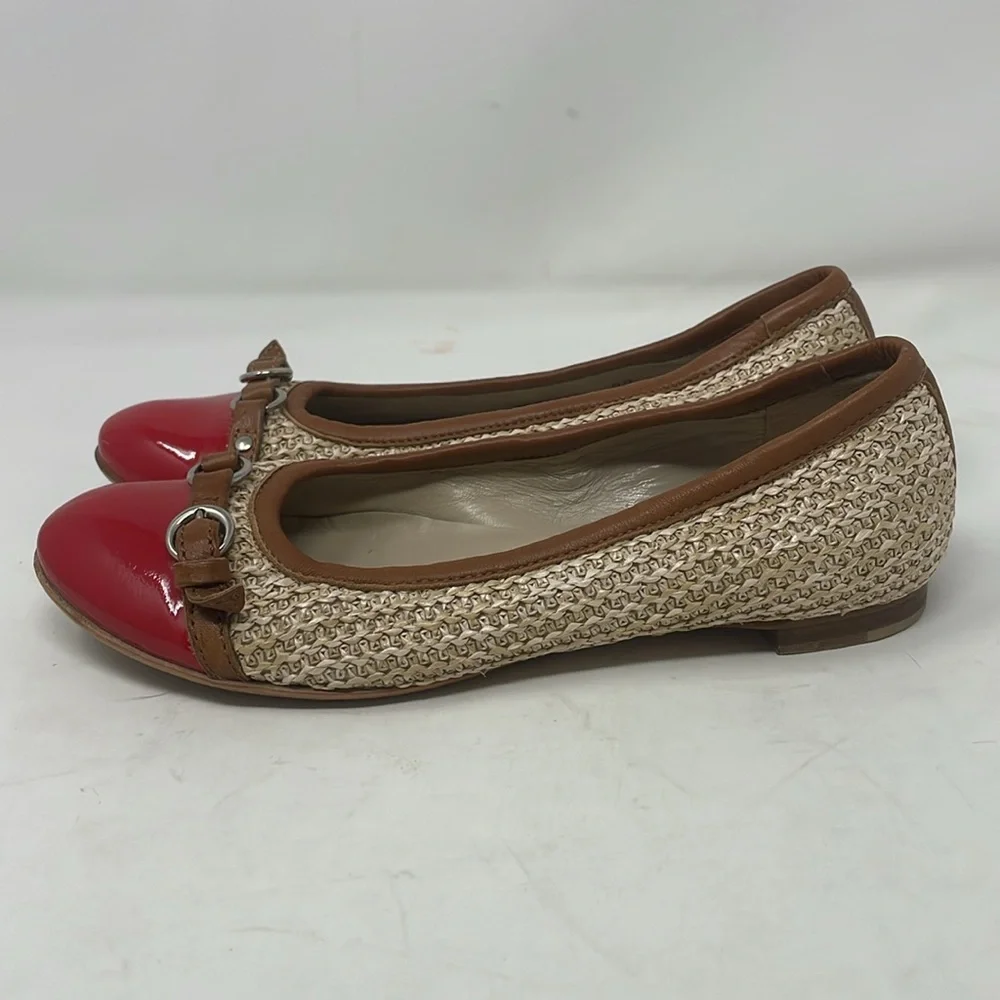 AGL Attilio Giusti Leombruni Red Patent Tan Straw Woven Ballet Flats Size 37
